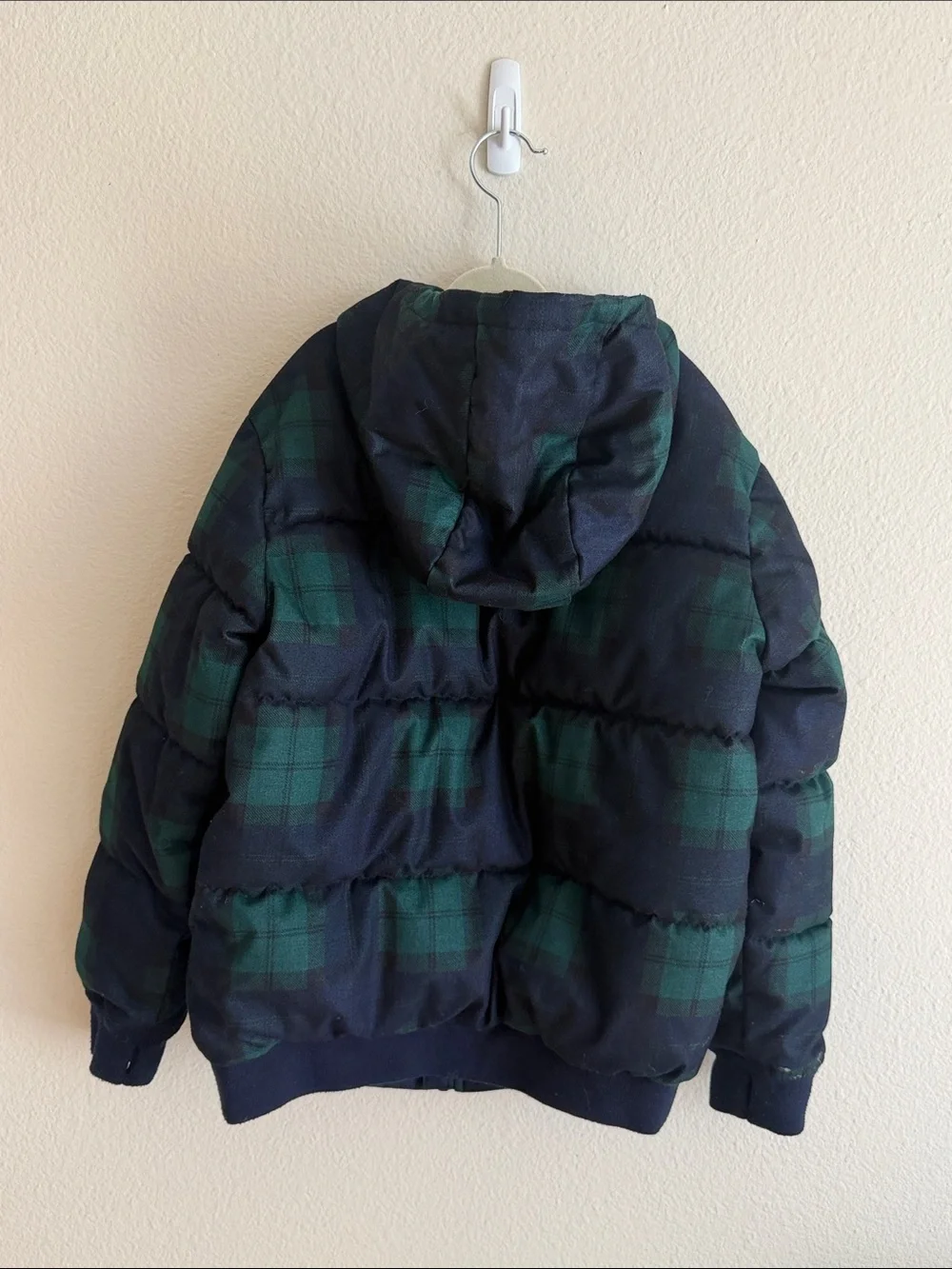 GAP Navy and Green Plaid Hooded Puffer Jacket